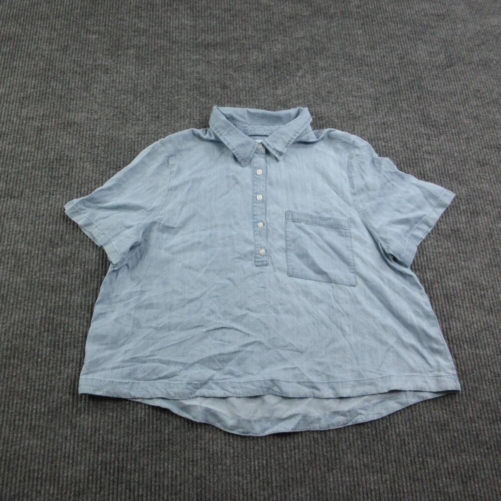 Market & Spruce Shirt Womens L Blue Azura Henley Chambray Pocket Lyocell NWT